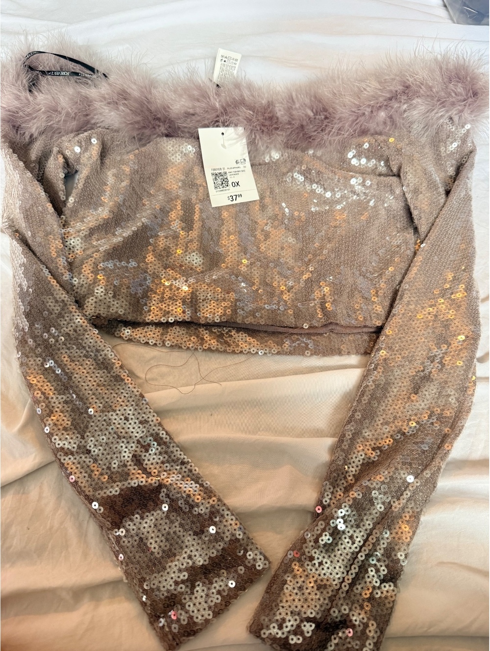 Forever 21 Sequin and Feather Off-Shoulder Crop Top Size 0X